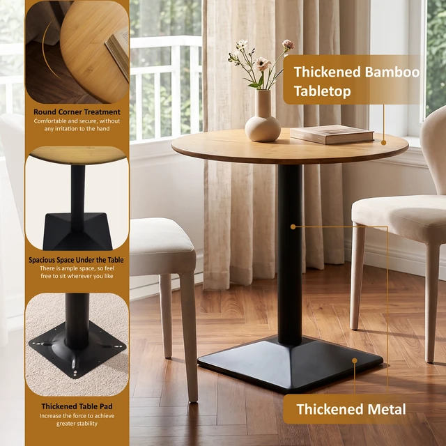 Alt view image 5 of 7 - Round Bamboo Dining Table 26.4 Inch, Small Dining Table for Round Black Metal Pedestal Compact Bistro for Living