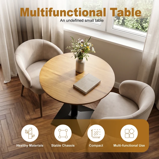 Alt view image 6 of 7 - Round Bamboo Dining Table 26.4 Inch, Small Dining Table for Round Black Metal Pedestal Compact Bistro for Living