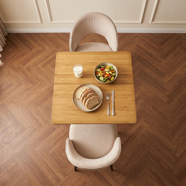 Alt view image 6 of 6 - Square Bamboo Dining Table 26.4 Inch, Kitchen Table Square Dining Small for Black Metal Pedestal Bistro for Living
