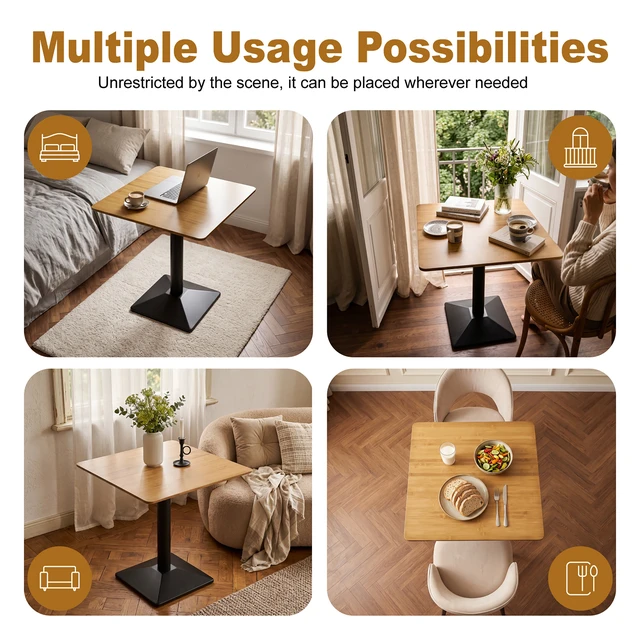 Alt view image 5 of 6 - Square Bamboo Dining Table 26.4 Inch, Kitchen Table Square Dining Small for Black Metal Pedestal Bistro for Living