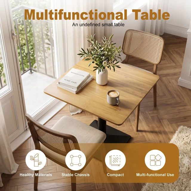 Alt view image 4 of 6 - Square Bamboo Dining Table 26.4 Inch, Kitchen Table Square Dining Small for Black Metal Pedestal Bistro for Living