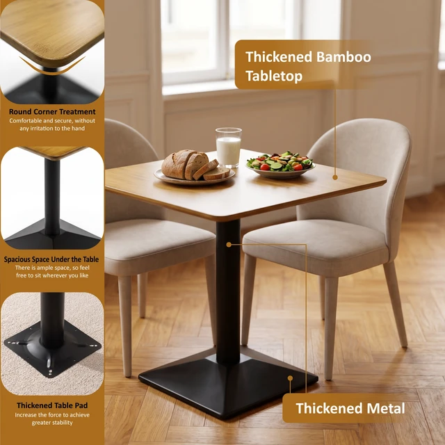 Alt view image 3 of 6 - Square Bamboo Dining Table 26.4 Inch, Kitchen Table Square Dining Small for Black Metal Pedestal Bistro for Living