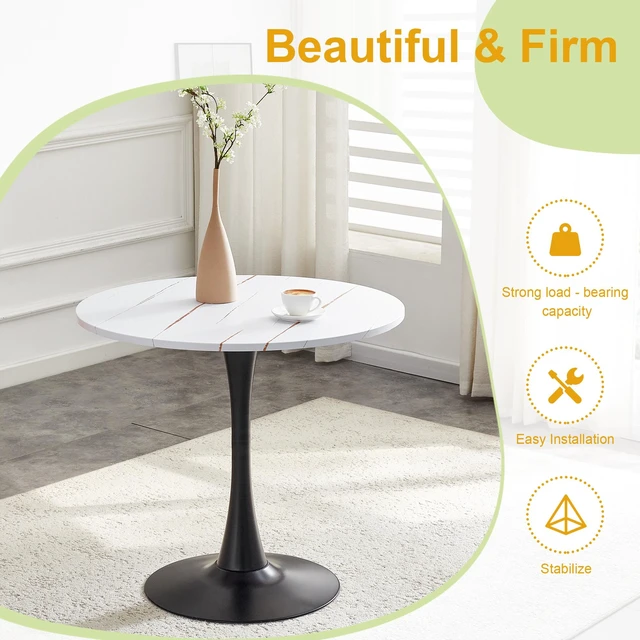 Alt view image 7 of 7 - Round Dining Table, 31.5 Inch Circle Tulip Table with Thickened Tabletop and Metal Pedestal Mid Century Bistro