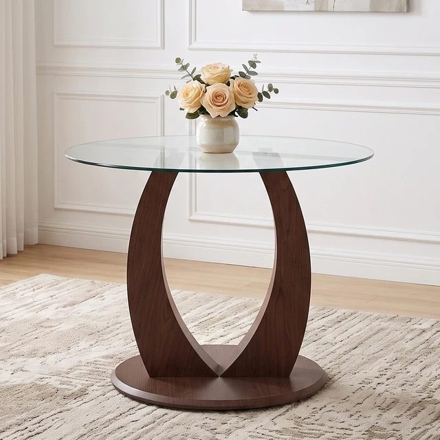 Alt view image 3 of 7 - Table and Chair Set 38.6 Inch Glass Round Table, Paired with Four Uniquely Designed Dining Chairs with Coloer Metal