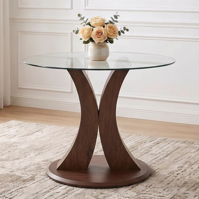 Alt view image 4 of 7 - Table and Chair Set 38.6 Inch Glass Round Table, Paired with Four Uniquely Designed Dining Chairs with Coloer Metal