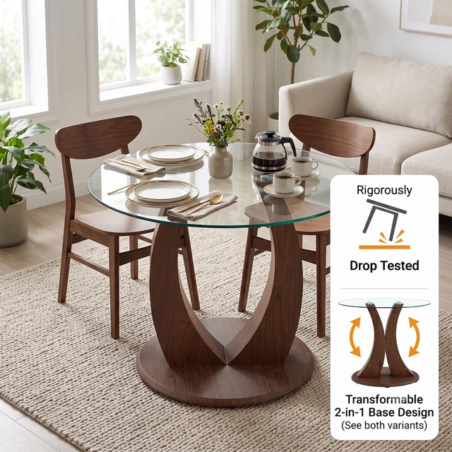 Alt view image 3 of 7 - Round Glass Dining Table, 39 Inch Pedestal Kitchen Table with Adjustable Curved Wood Base 4 Person Space Saving Dining