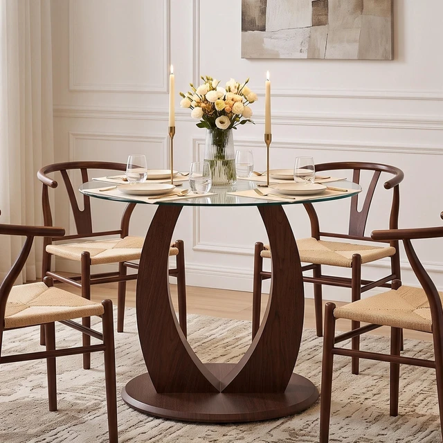 Alt view image 7 of 7 - Round Glass Dining Table, 39 Inch Pedestal Kitchen Table with Adjustable Curved Wood Base 4 Person Space Saving Dining