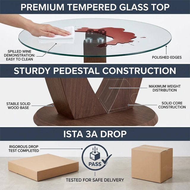 Alt view image 5 of 7 - Round Glass Dining Table, 39 Inch Pedestal Kitchen Table with Adjustable Curved Wood Base 4 Person Space Saving Dining