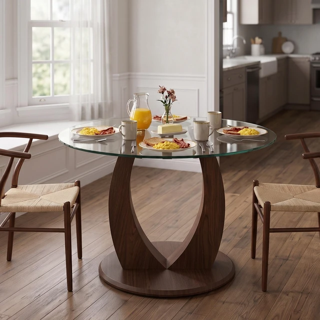 Alt view image 6 of 7 - Round Glass Dining Table, 39 Inch Pedestal Kitchen Table with Adjustable Curved Wood Base 4 Person Space Saving Dining