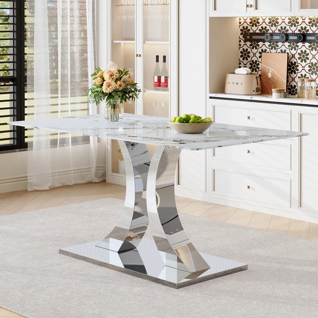 Alt view image 4 of 7 - Transformable Heavy Duty Stainless Steel Base in Inchx 35 Inch Dining Table Pandora Pattern Tempered Glass Rock Top