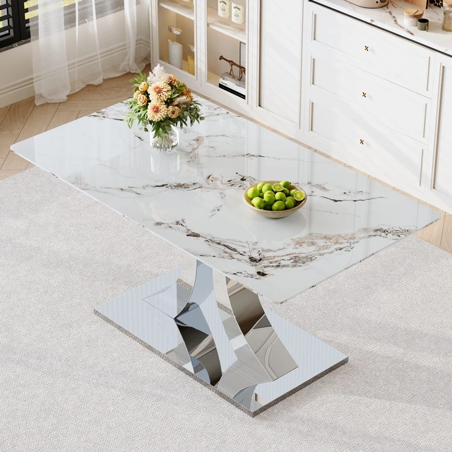 Alt view image 3 of 7 - Transformable Heavy Duty Stainless Steel Base in Inchx 35 Inch Dining Table Pandora Pattern Tempered Glass Rock Top