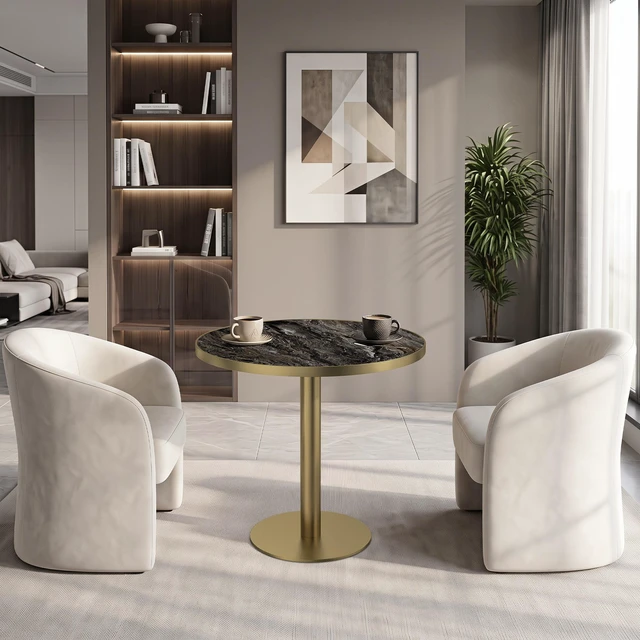 Alt view image 3 of 7 - 31.5 Inch Round Tulip Dining Table, Sintered Tabletop with Faux Print Stainless Steel Bracket Base Scratch and Wear