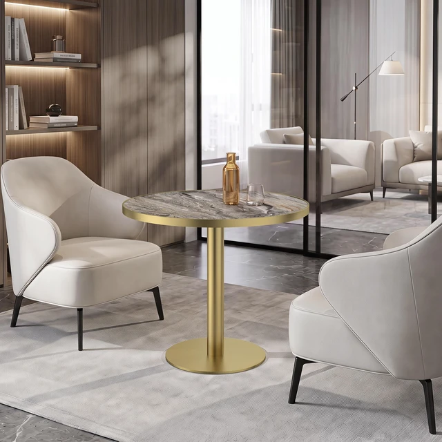Alt view image 4 of 7 - 31.5 Inch Round Tulip Dining Table, Sintered Tabletop with Faux Print Stainless Steel Bracket Base Scratch and Wear