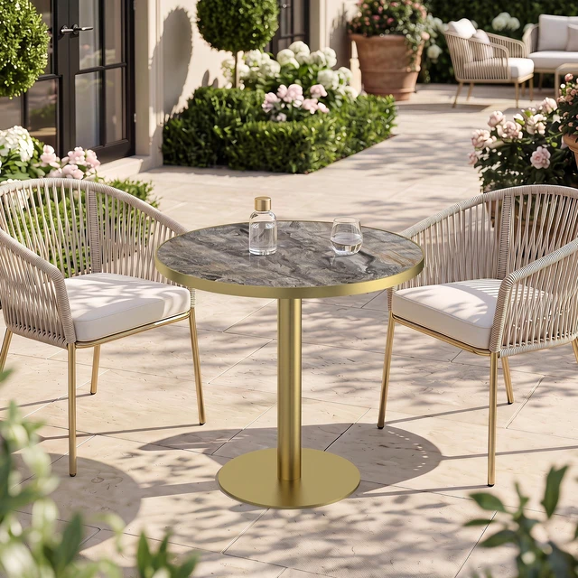 Alt view image 5 of 7 - 31.5 Inch Round Tulip Dining Table, Sintered Tabletop with Faux Print Stainless Steel Bracket Base Scratch and Wear