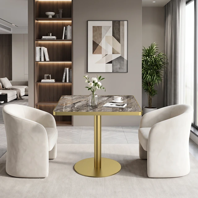 Alt view image 4 of 7 - 31.5 Inch Square Tulip Dining Table, Sintered Tabletop with Faux Print Stainless Steel Bracket Base Scratch and Wear