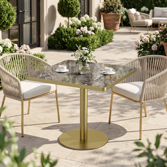 Alt view image 5 of 7 - 31.5 Inch Square Tulip Dining Table, Sintered Tabletop with Faux Print Stainless Steel Bracket Base Scratch and Wear