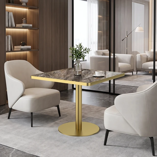 Alt view image 3 of 7 - 31.5 Inch Square Tulip Dining Table, Sintered Tabletop with Faux Print Stainless Steel Bracket Base Scratch and Wear
