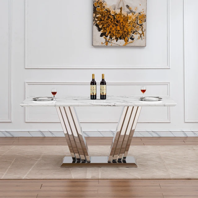 Main image of Dining Table for 6 People, 70 Inch Rectangle Faux Dining Table with Mirrored Finish Stainless Steel Base Large Size