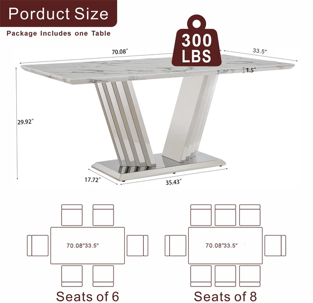 Alt view image 3 of 7 - Dining Table for 6 People, 70 Inch Rectangle Faux Dining Table with Mirrored Finish Stainless Steel Base Large Size