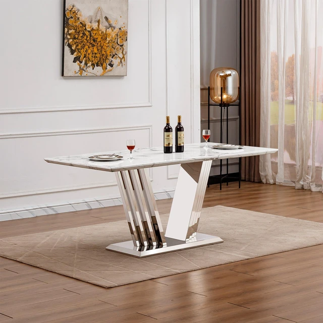 Alt view image 2 of 7 - Dining Table for 6 People, 70 Inch Rectangle Faux Dining Table with Mirrored Finish Stainless Steel Base Large Size