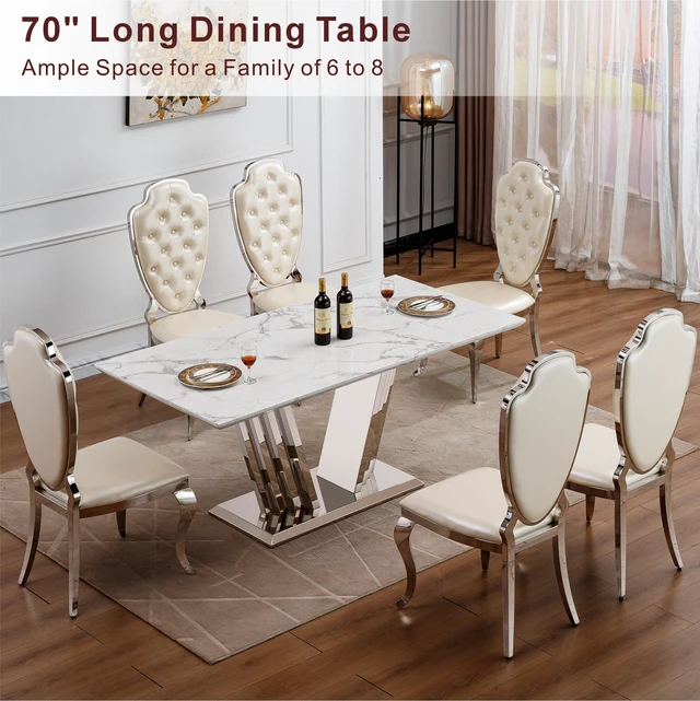 Alt view image 7 of 7 - Dining Table for 6 People, 70 Inch Rectangle Faux Dining Table with Mirrored Finish Stainless Steel Base Large Size
