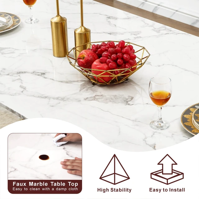 Alt view image 5 of 7 - Dining Table for 6 People, 70 Inch Rectangle Faux Dining Table with Mirrored Finish Stainless Steel Base Large Size