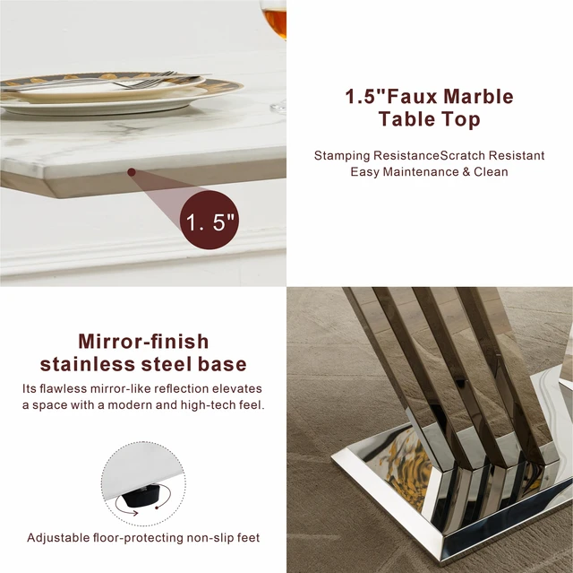 Alt view image 6 of 7 - Dining Table for 6 People, 70 Inch Rectangle Faux Dining Table with Mirrored Finish Stainless Steel Base Large Size