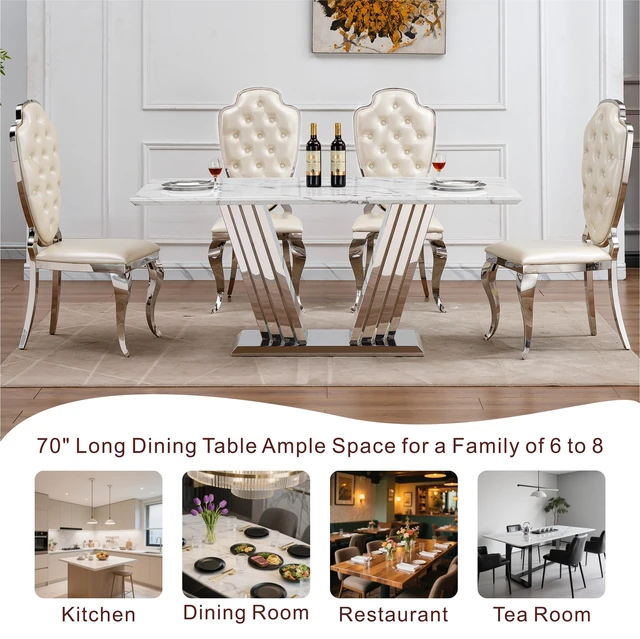 Alt view image 4 of 7 - Dining Table for 6 People, 70 Inch Rectangle Faux Dining Table with Mirrored Finish Stainless Steel Base Large Size
