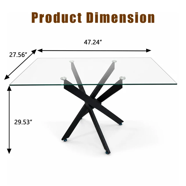 Alt view image 2 of 7 - Rectangular Glass Table, 47.24 Inches Tempered Glass with Black Frame Kitchen Table Set for Dining Party Conference