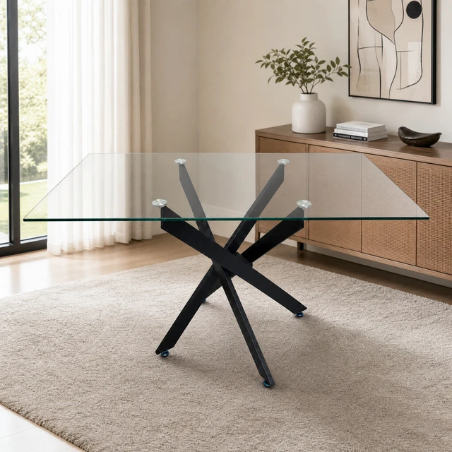 Alt view image 4 of 7 - Rectangular Glass Table, 47.24 Inches Tempered Glass with Black Frame Kitchen Table Set for Dining Party Conference