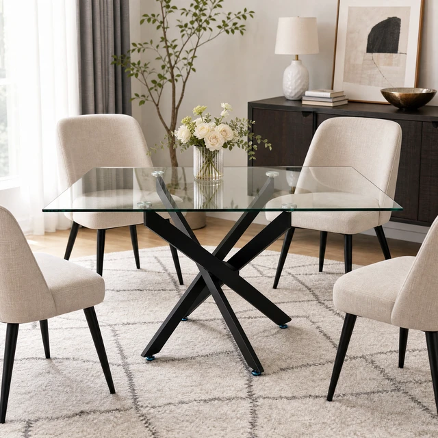 Alt view image 5 of 7 - Rectangular Glass Table, 47.24 Inches Tempered Glass with Black Frame Kitchen Table Set for Dining Party Conference