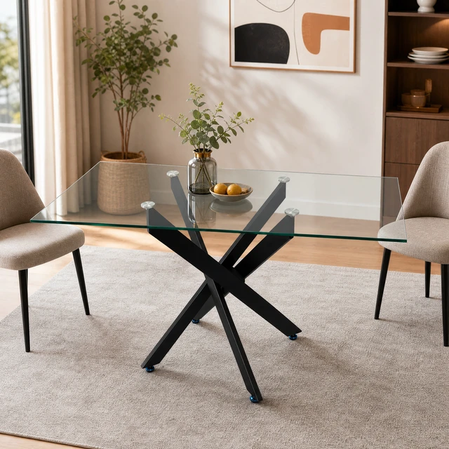 Alt view image 3 of 7 - Rectangular Glass Table, 47.24 Inches Tempered Glass with Black Frame Kitchen Table Set for Dining Party Conference
