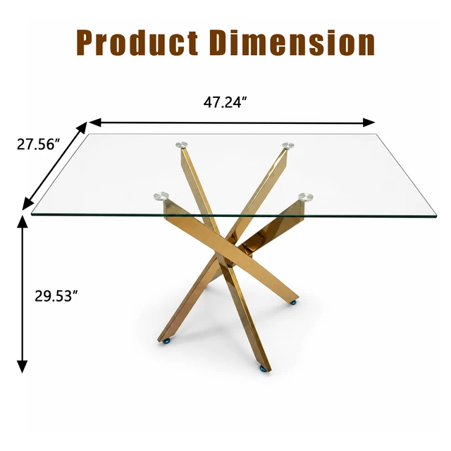 Alt view image 2 of 7 - Rectangular Glass Table, 47.24 Inches Tempered Glass with Golden Frame Kitchen Table Set for Dining Party Conference