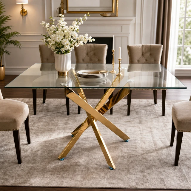 Alt view image 4 of 7 - Rectangular Glass Table, 47.24 Inches Tempered Glass with Golden Frame Kitchen Table Set for Dining Party Conference