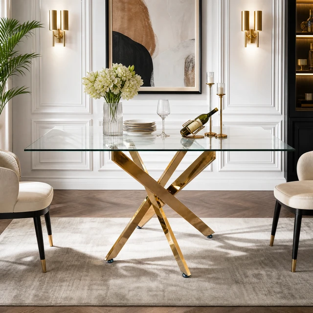 Alt view image 3 of 7 - Rectangular Glass Table, 47.24 Inches Tempered Glass with Golden Frame Kitchen Table Set for Dining Party Conference