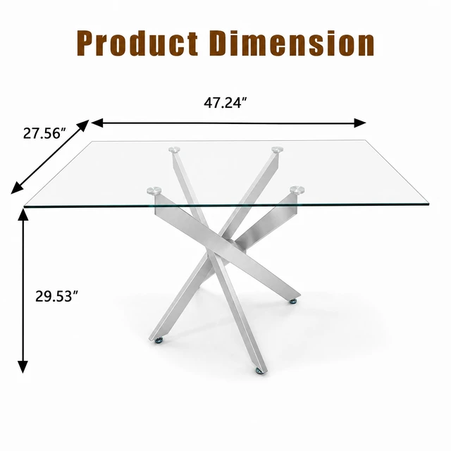 Alt view image 2 of 7 - Rectangular Glass Table, 47.24 Inches Tempered Glass with Silver Frame Kitchen Table Set for Dining Party Conference
