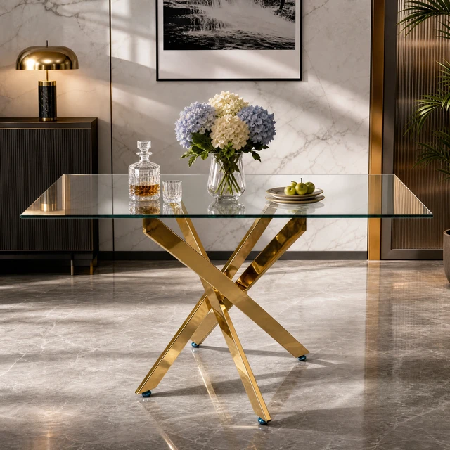 Alt view image 5 of 7 - Rectangular Glass Table, 47.24 Inches Tempered Glass with Golden Frame Kitchen Table Set for Dining Party Conference