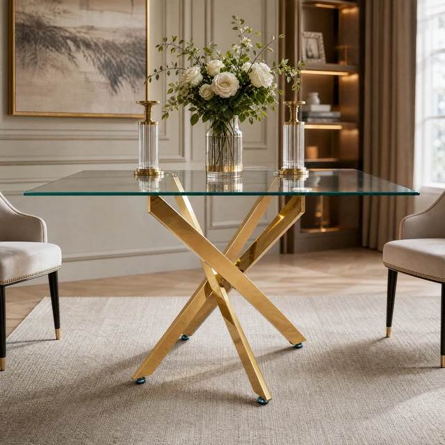 Alt view image 6 of 7 - Rectangular Glass Table, 47.24 Inches Tempered Glass with Golden Frame Kitchen Table Set for Dining Party Conference