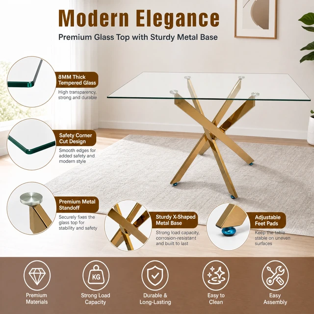 Alt view image 7 of 7 - Rectangular Glass Table, 47.24 Inches Tempered Glass with Golden Frame Kitchen Table Set for Dining Party Conference