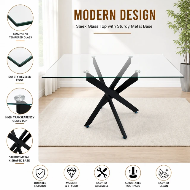 Alt view image 7 of 7 - Rectangular Glass Table, 47.24 Inches Tempered Glass with Black Frame Kitchen Table Set for Dining Party Conference