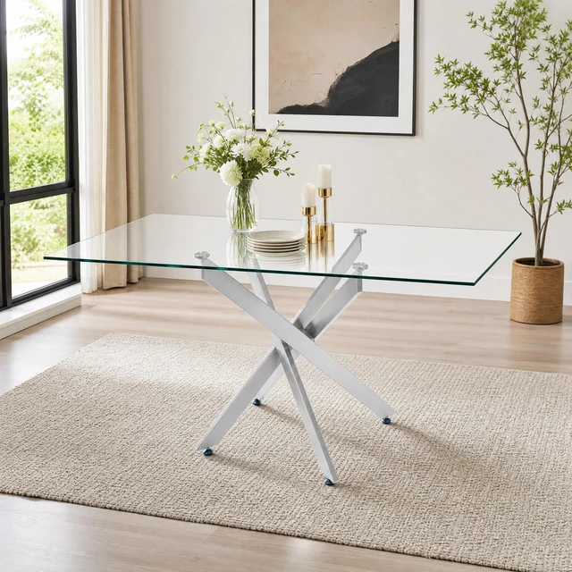 Alt view image 3 of 7 - Rectangular Glass Table, 47.24 Inches Tempered Glass with Silver Frame Kitchen Table Set for Dining Party Conference