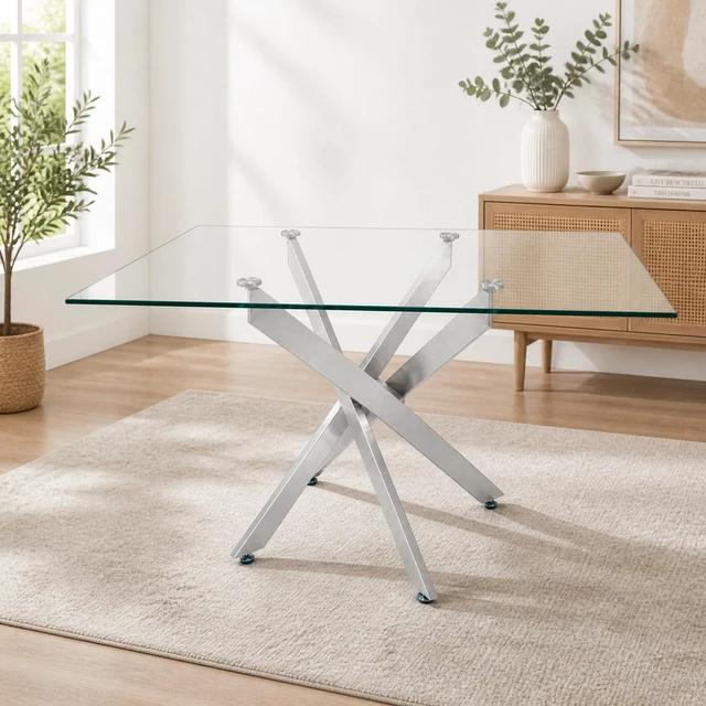 Alt view image 7 of 7 - Rectangular Glass Table, 47.24 Inches Tempered Glass with Silver Frame Kitchen Table Set for Dining Party Conference