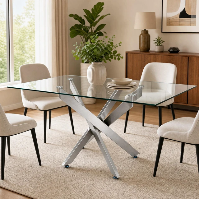 Alt view image 6 of 7 - Rectangular Glass Table, 47.24 Inches Tempered Glass with Silver Frame Kitchen Table Set for Dining Party Conference