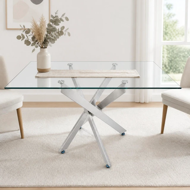 Alt view image 4 of 7 - Rectangular Glass Table, 47.24 Inches Tempered Glass with Silver Frame Kitchen Table Set for Dining Party Conference