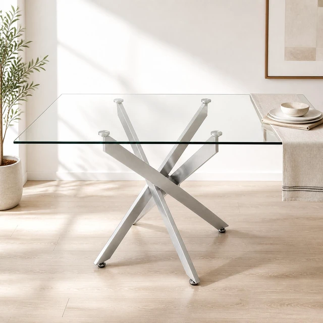 Alt view image 5 of 7 - Rectangular Glass Table, 47.24 Inches Tempered Glass with Silver Frame Kitchen Table Set for Dining Party Conference