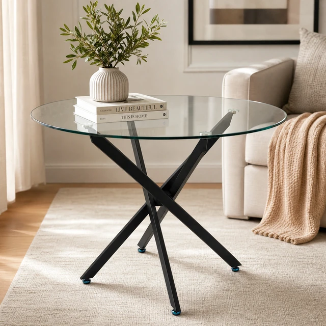 Alt view image 5 of 7 - Round Glass Table, 35.43 Inches Tempered Glass with Black Frame Kitchen Table Set for Dining Party Conference Living