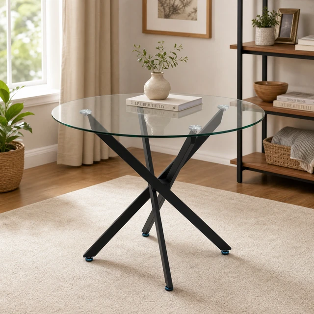 Alt view image 3 of 7 - Round Glass Table, 35.43 Inches Tempered Glass with Black Frame Kitchen Table Set for Dining Party Conference Living