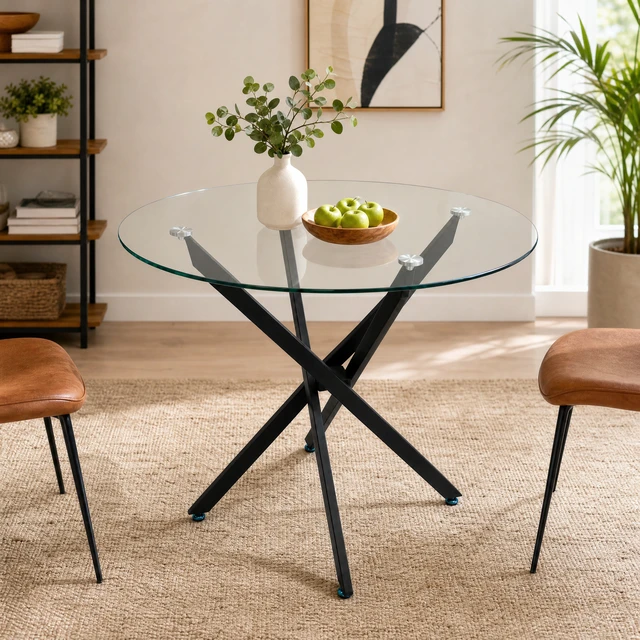 Alt view image 4 of 7 - Round Glass Table, 35.43 Inches Tempered Glass with Black Frame Kitchen Table Set for Dining Party Conference Living