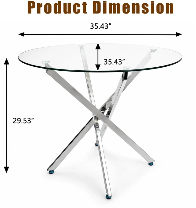 Alt view image 2 of 7 - Round Glass Table, 35.43 Inches Tempered Glass with Silver Frame Kitchen Table Set for Dining Party Conference Living
