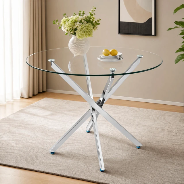 Alt view image 3 of 7 - Round Glass Table, 35.43 Inches Tempered Glass with Silver Frame Kitchen Table Set for Dining Party Conference Living
